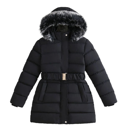 Girls' outerwear with plush cotton jacket for winter skiing and outdoor activities, girls' solid color hooded thick coat