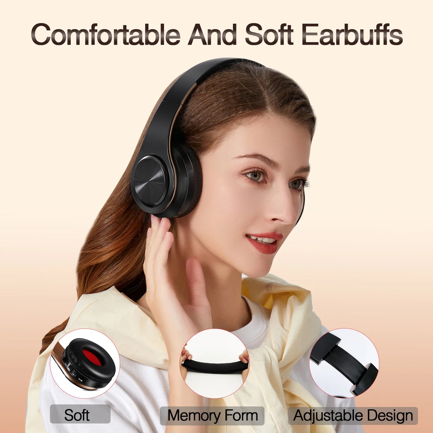 Wireless Headphones Bluetooth with Gold Stereo Foldable Mic