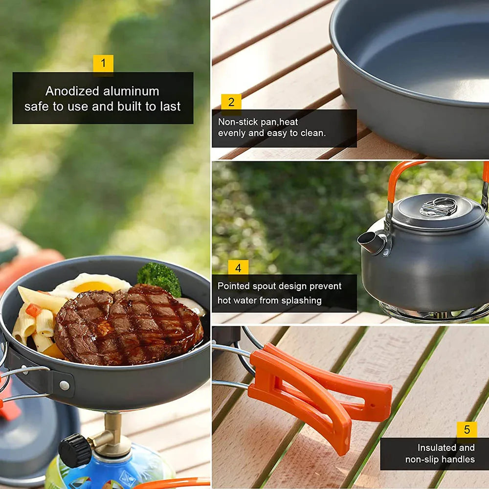 Camping Cookware Set Aluminum Portable Outdoor Cooking Gear