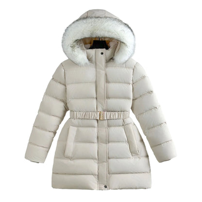 Girls' outerwear with plush cotton jacket for winter skiing and outdoor activities, girls' solid color hooded thick coat