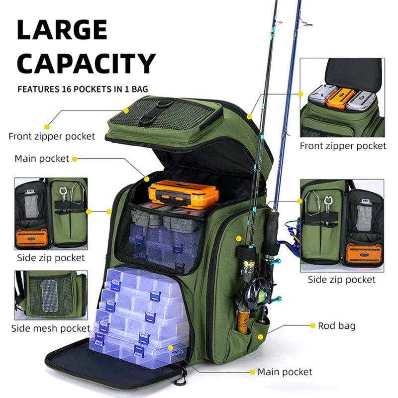 Fishing Backpack with Rod Holders & Tackle Storage