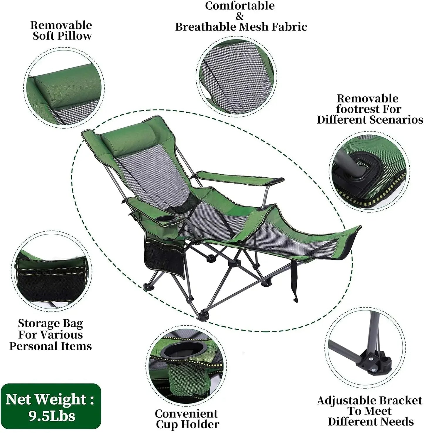 Portable Camping Folding Chair with Reclining Footrest