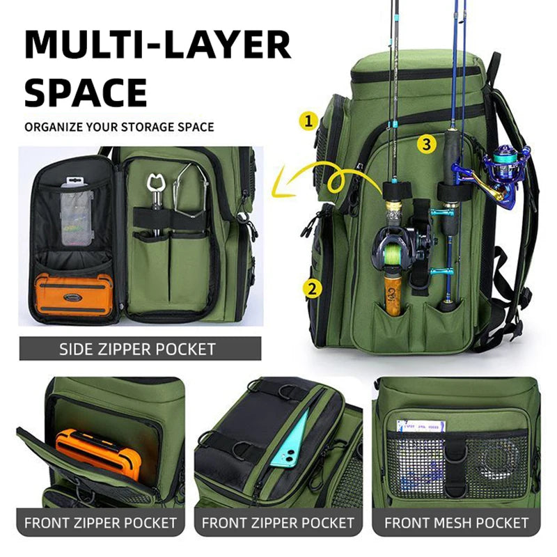 Fishing Backpack with Rod Holders & Tackle Storage