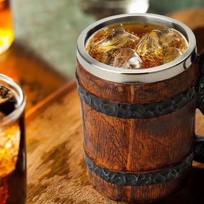 Beer Mug Stainless Steel Double Wall Viking Wood Style