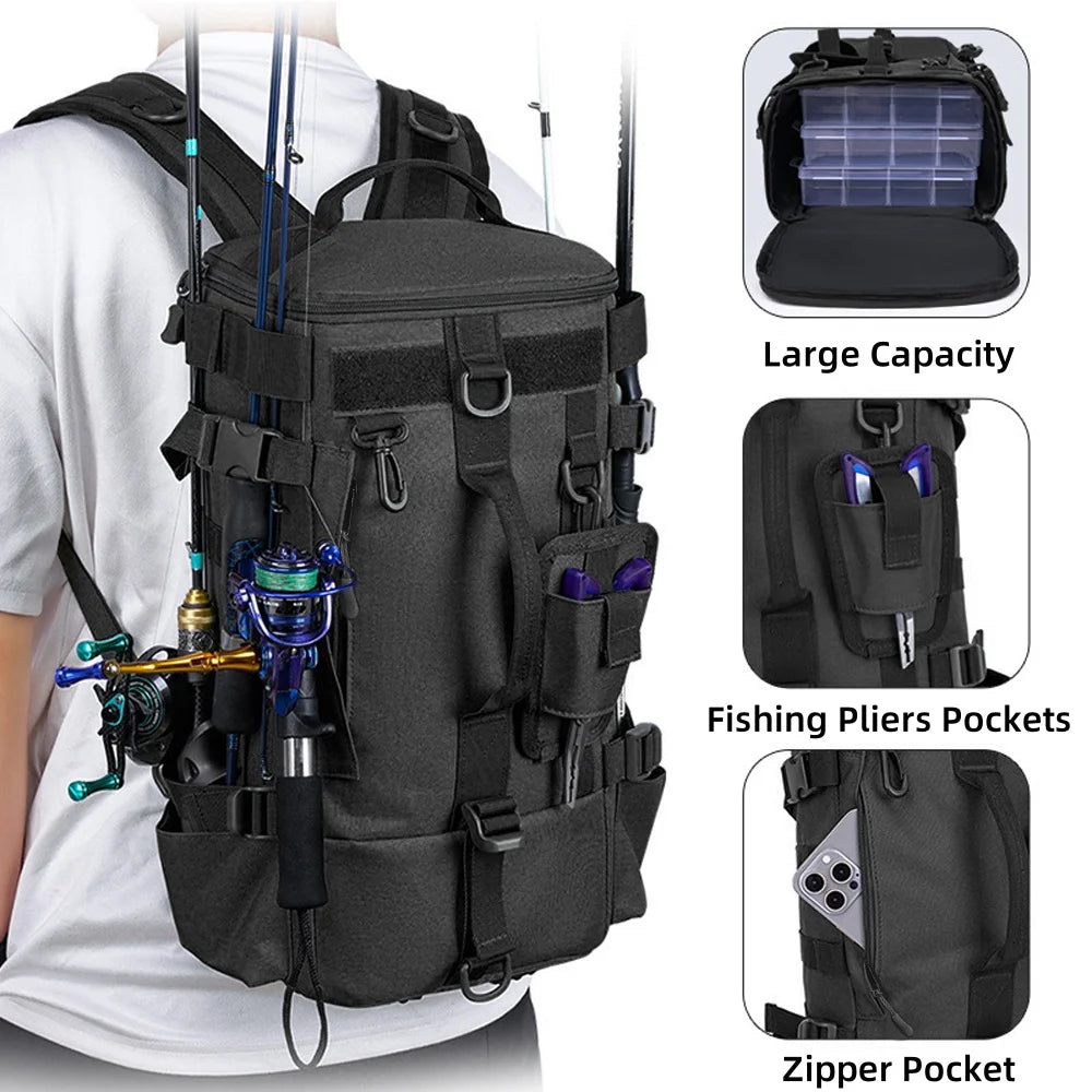 Tactical Fishing Backpack with Rod Holder & Tackle Storage