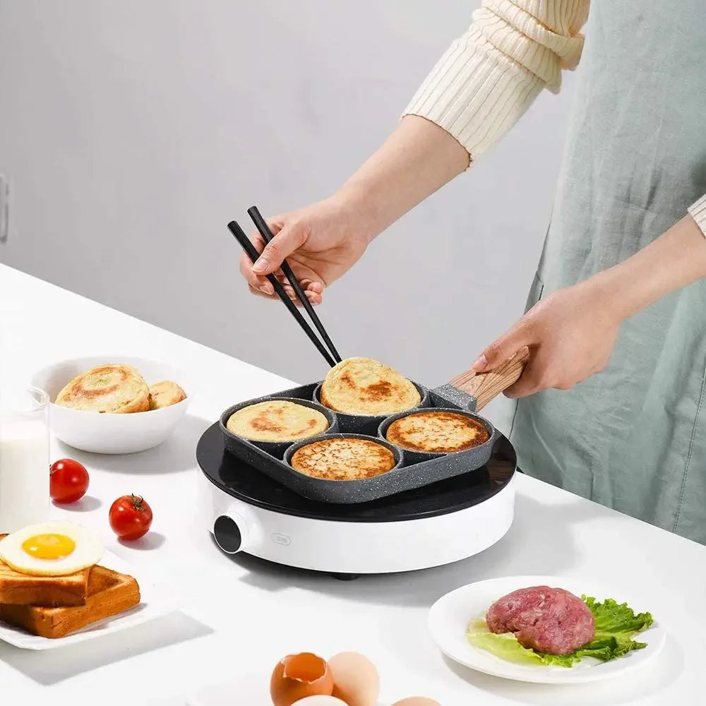 Frying Pan Non Stick Four Hole Omelet Wooden Handle