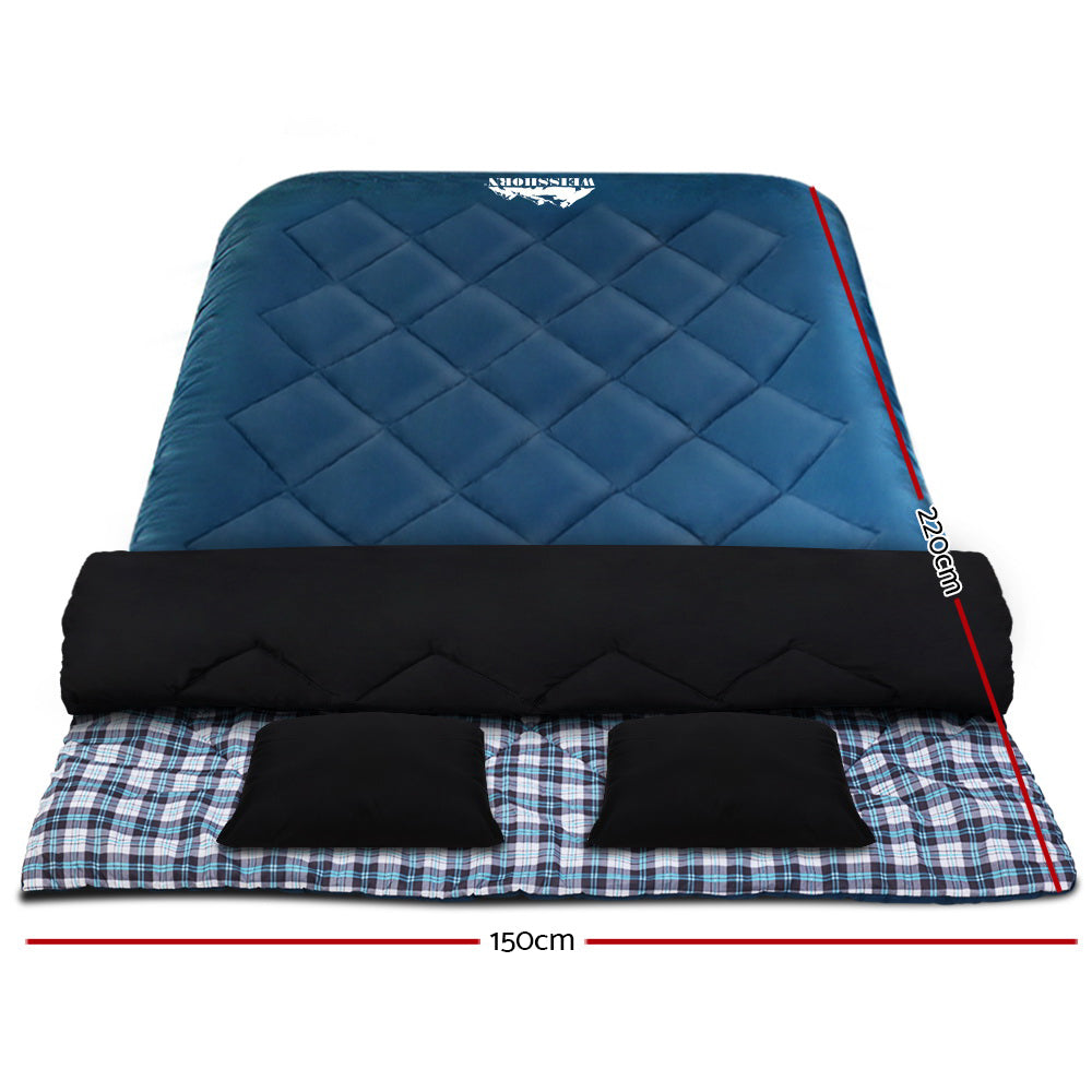 Thermal Sleeping Bag w/ Double Pillow for Camping - Blue