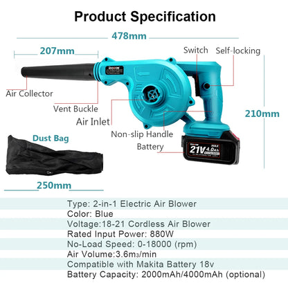 Blower Vacuum Cordless Electric 21V 2-in-1 High Pressure