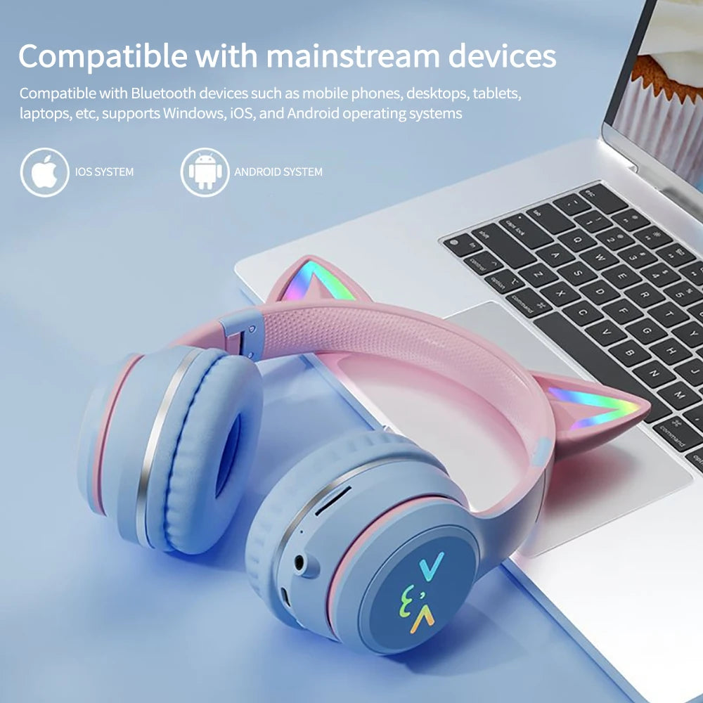 Headphones Bluetooth with Wireless Cat Ear RGB Stereo Microphone