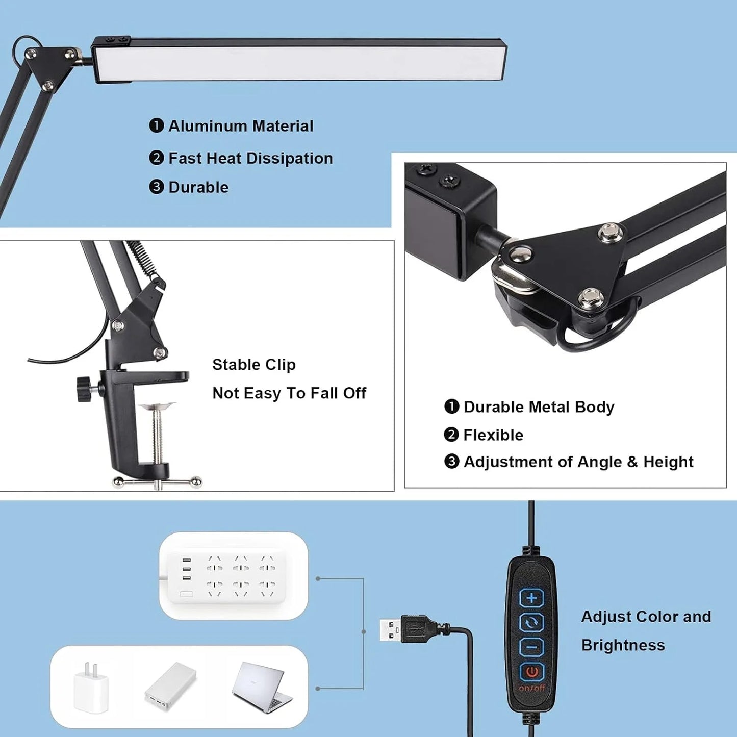 Desk Lamp LED Folding Metal Clip Dimmable Adjustable