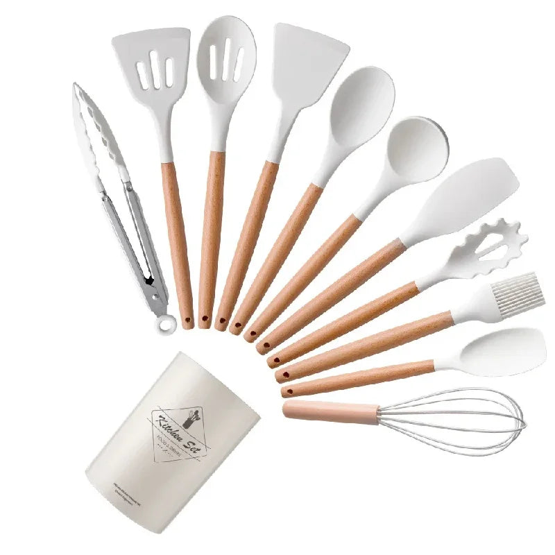 Utensil Set Silicone Non Stick Wooden Handle