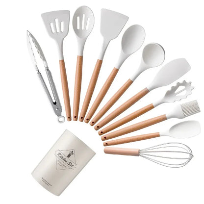Utensil Set Silicone Non Stick Wooden Handle