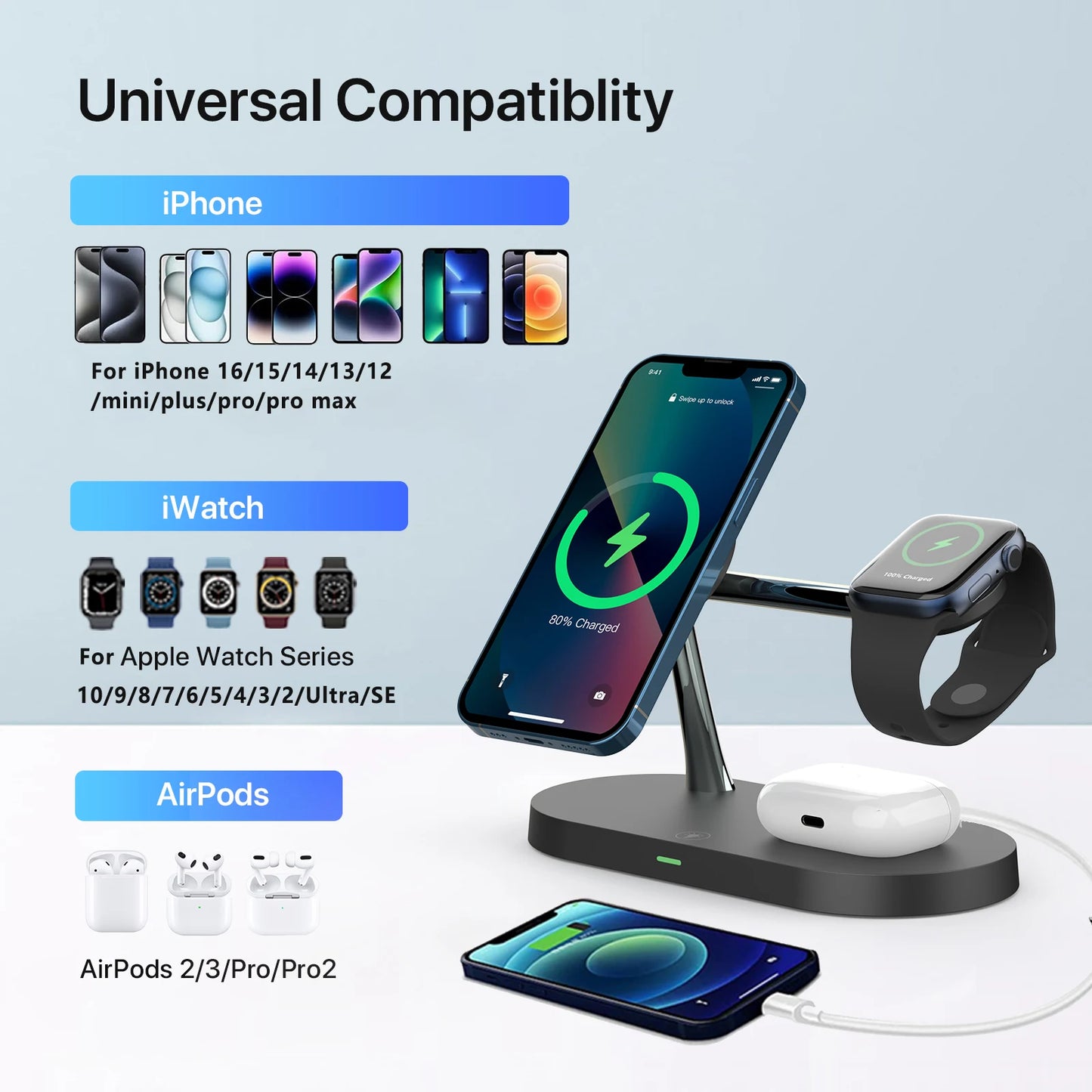 3 in 1  Wireless Charger Stand for iPhone & Apple Watch