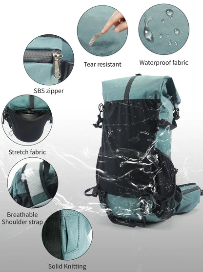 Backpack with 50L Roll Top Waterproof for Hiking