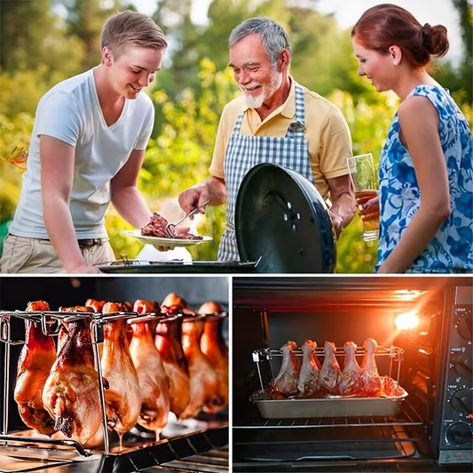 Stainless steel chicken leg and wing rack three-piece set: Foldable standing grill + baking tray + cleaning brush. Suitable for barbecues, smoking, and ovens. Ideal choice for picnics and camping