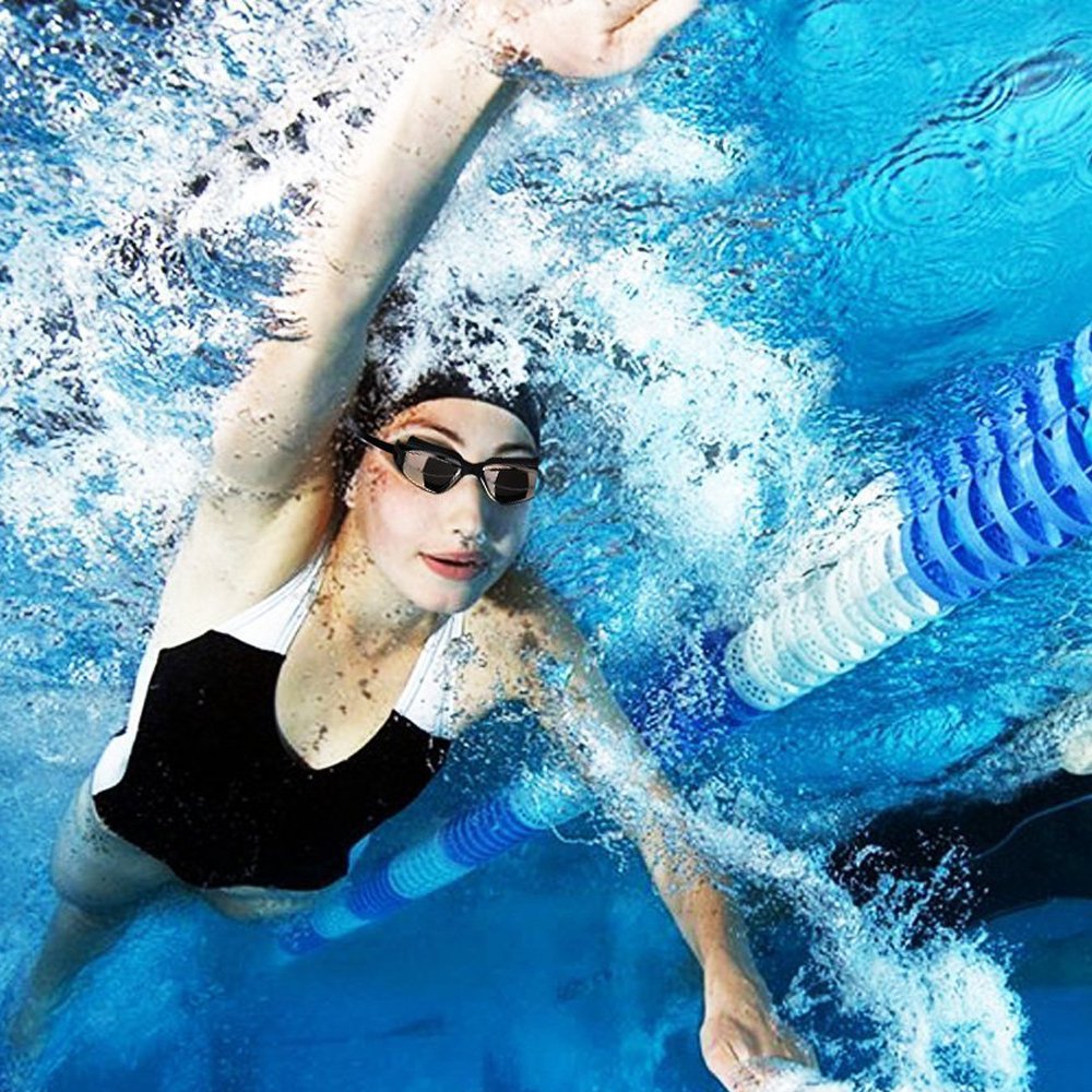 Black Swim Goggles Set with Cap, Nose Clip, Earplugs & Case: Anti-Fog UV Protection for Men & Women