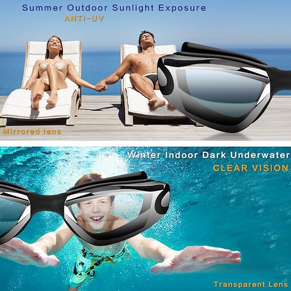 Blue Swim Goggles Set with Cap, Nose Clip, Earplugs & Case: Anti-Fog UV Protection for Men & Women