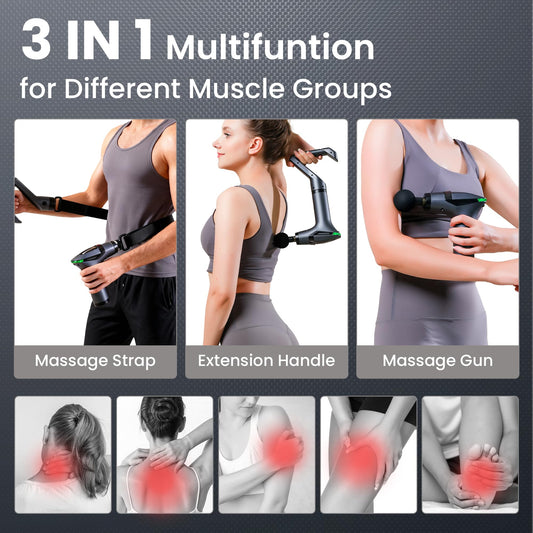 Black 3-in-1 Massage Gun with Extendable Handle & Back Strap