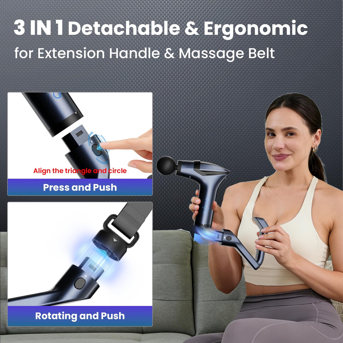 Black 3-in-1 Massage Gun with Extendable Handle & Back Strap