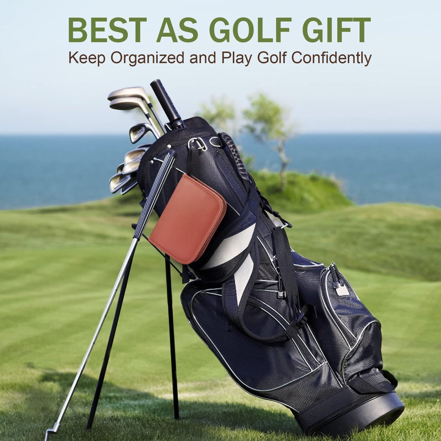 Premium Golf Accessory Kit with Rangefinder, Tees, Balls & 6-in-1 Divot Tool – Brown Leather Case for Men and Women (Brown)