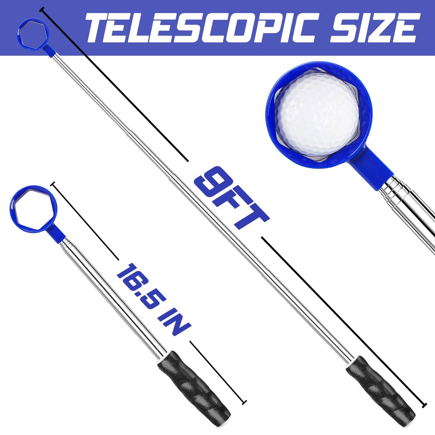 Telescopic Golf Ball Retriever 9FT – Blue Stainless Steel Pole with Durable Nylon Head for Water, Sand & Bush Retrieval (Blue)