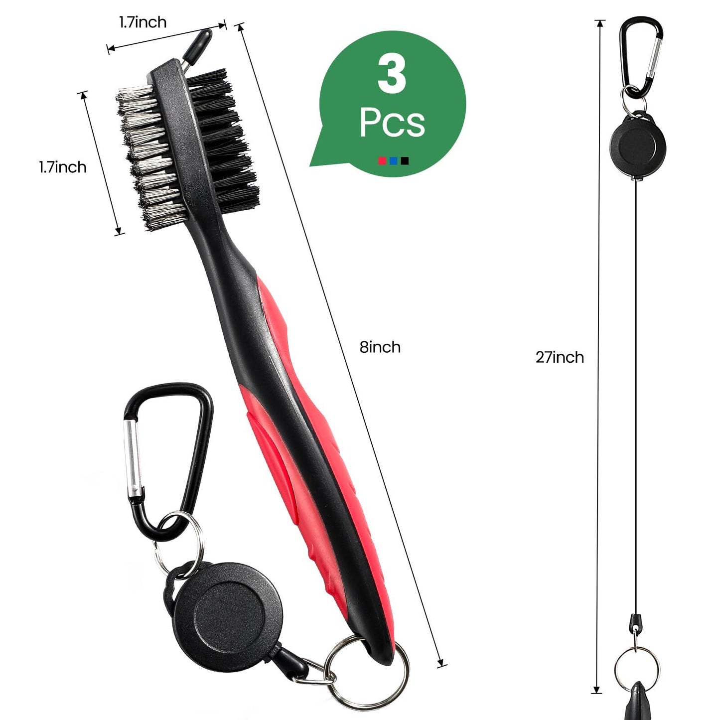 Golf Club Cleaning Brush Set with Retractable Zip Line – 3-Pack Dual-Sided Brush for Deep Groove Cleaning (Blue)
