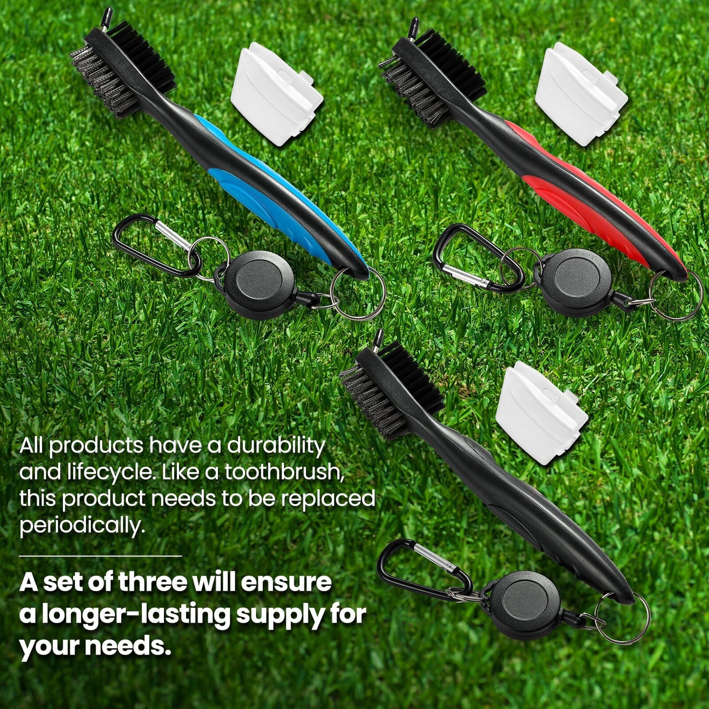 Golf Club Cleaning Brush Set with Retractable Zip Line – 3-Pack Dual-Sided Brush for Deep Groove Cleaning (Blue)