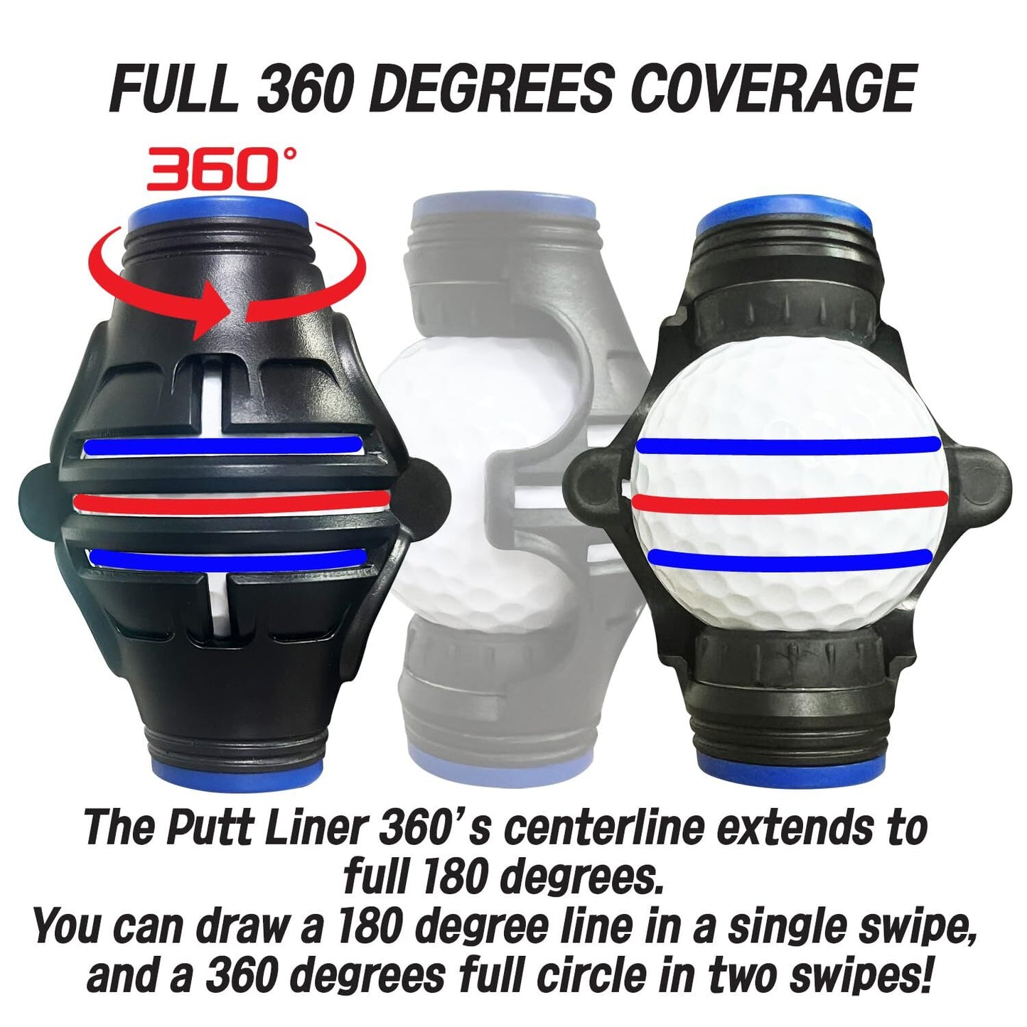 360° Golf Ball Line Marker with 2 Pens – Full Coverage Alignment Tool for Putt, Driver & Irons (Blue)