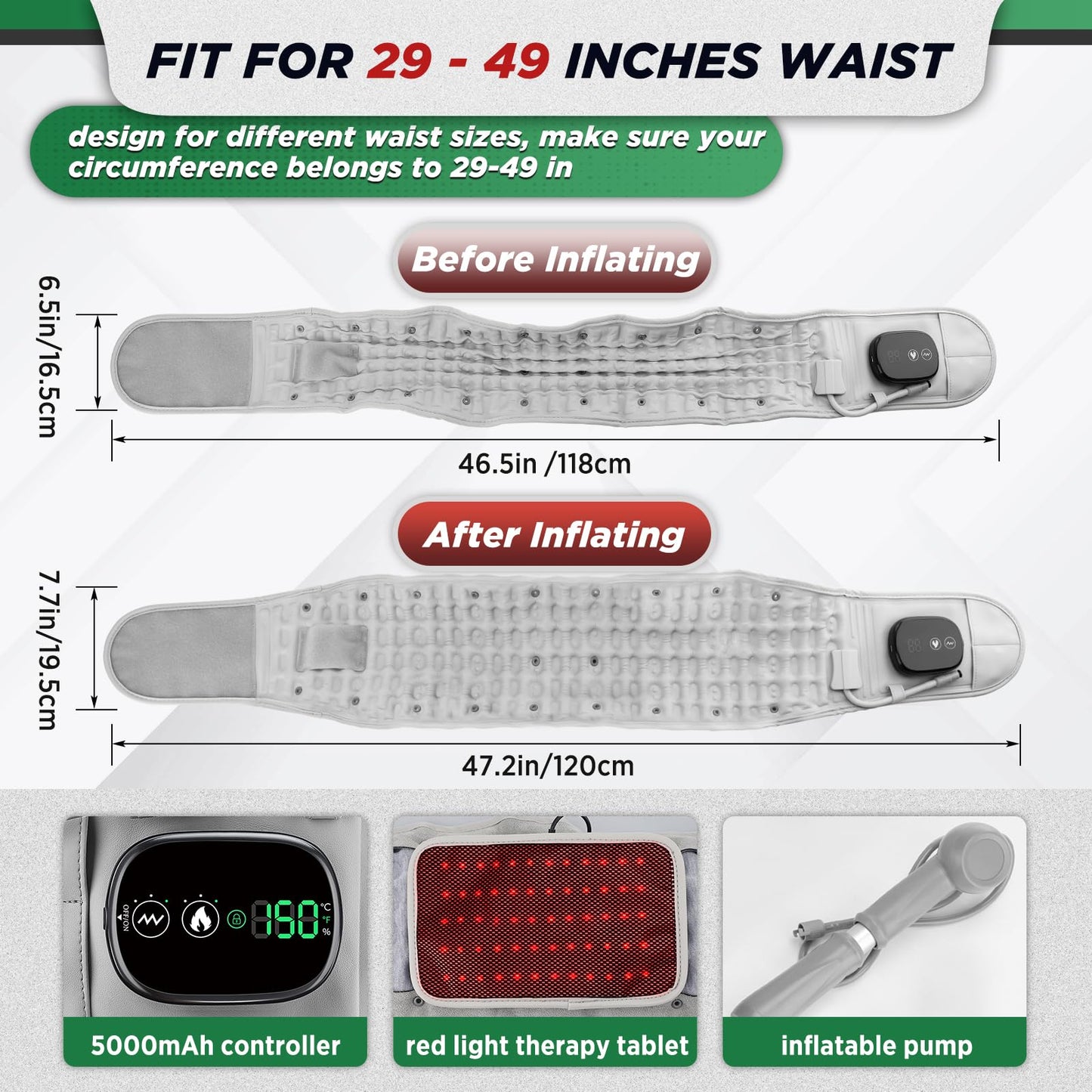 Inflatable Heating Massage Waist Belt with 3-Level Heat & Vibration (Gray)