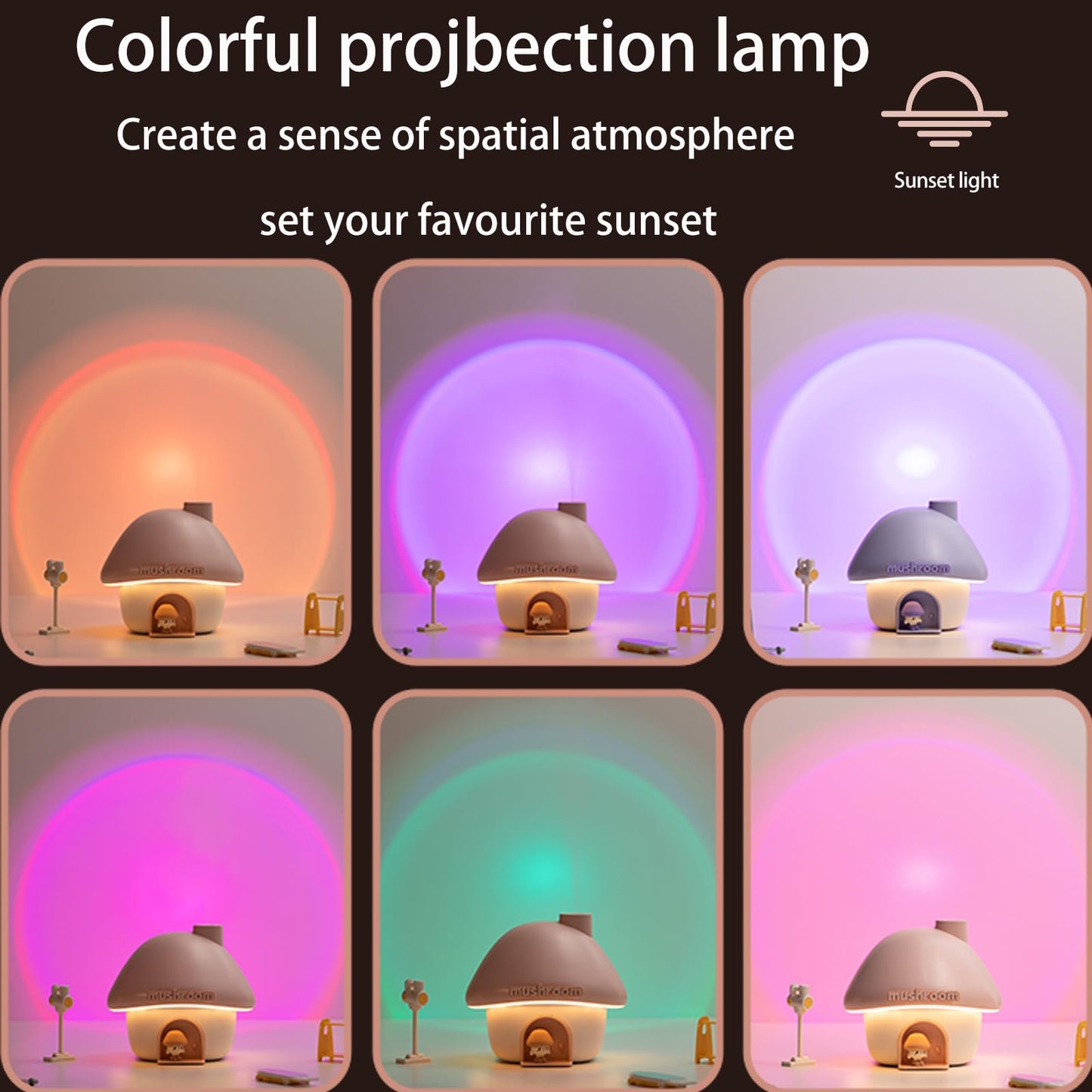 Portable Mushroom Humidifier with 7 Color Sunset Lightm (Pink)