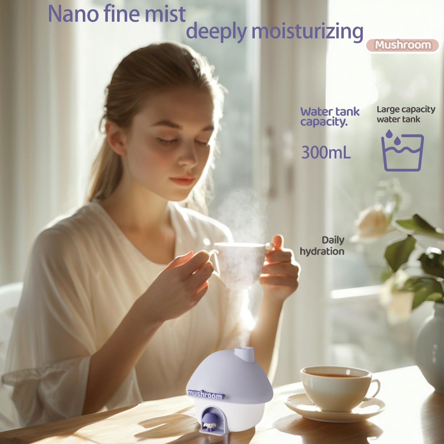 Portable Mushroom Humidifier with 7 Color Sunset Light (Purple)