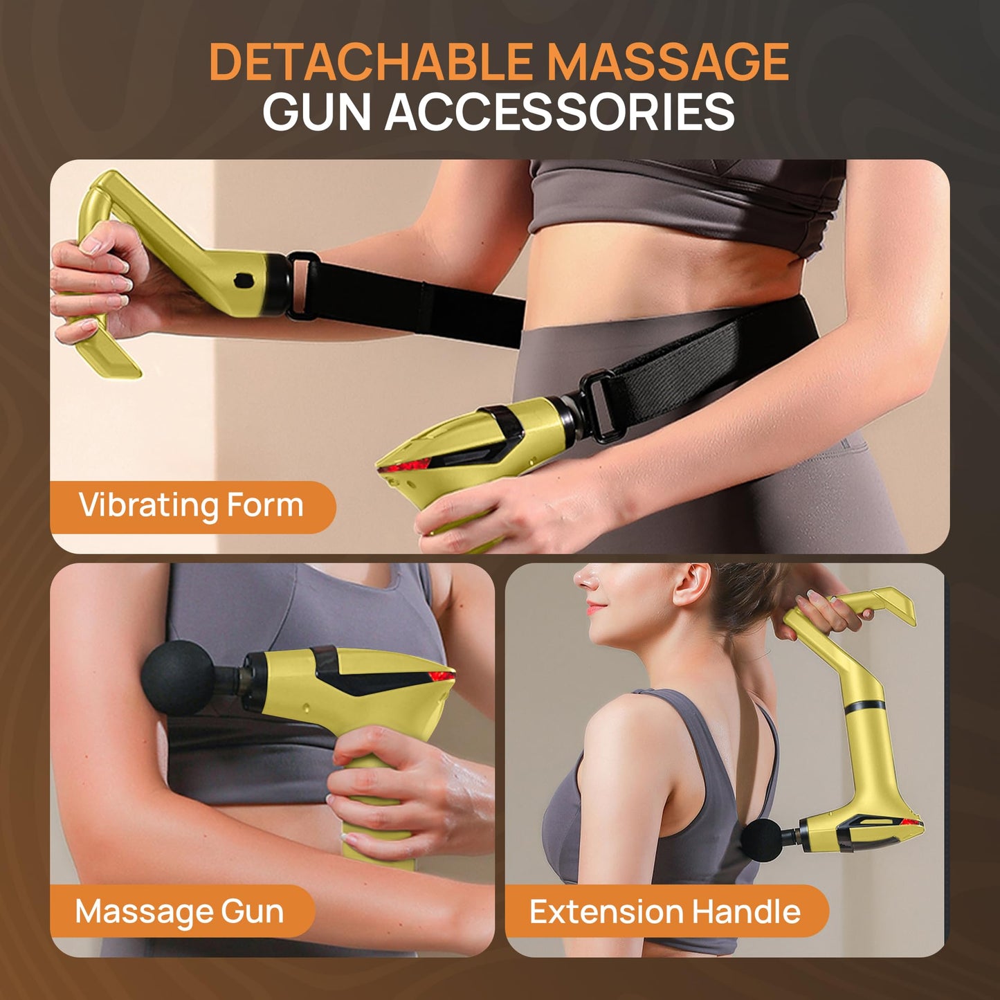 Yellow 3-in-1 Massage Gun with Extendable Handle & Back Strap