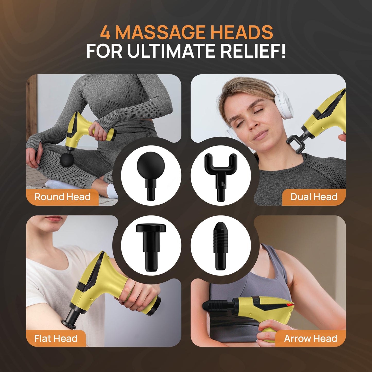 Yellow 3-in-1 Massage Gun with Extendable Handle & Back Strap