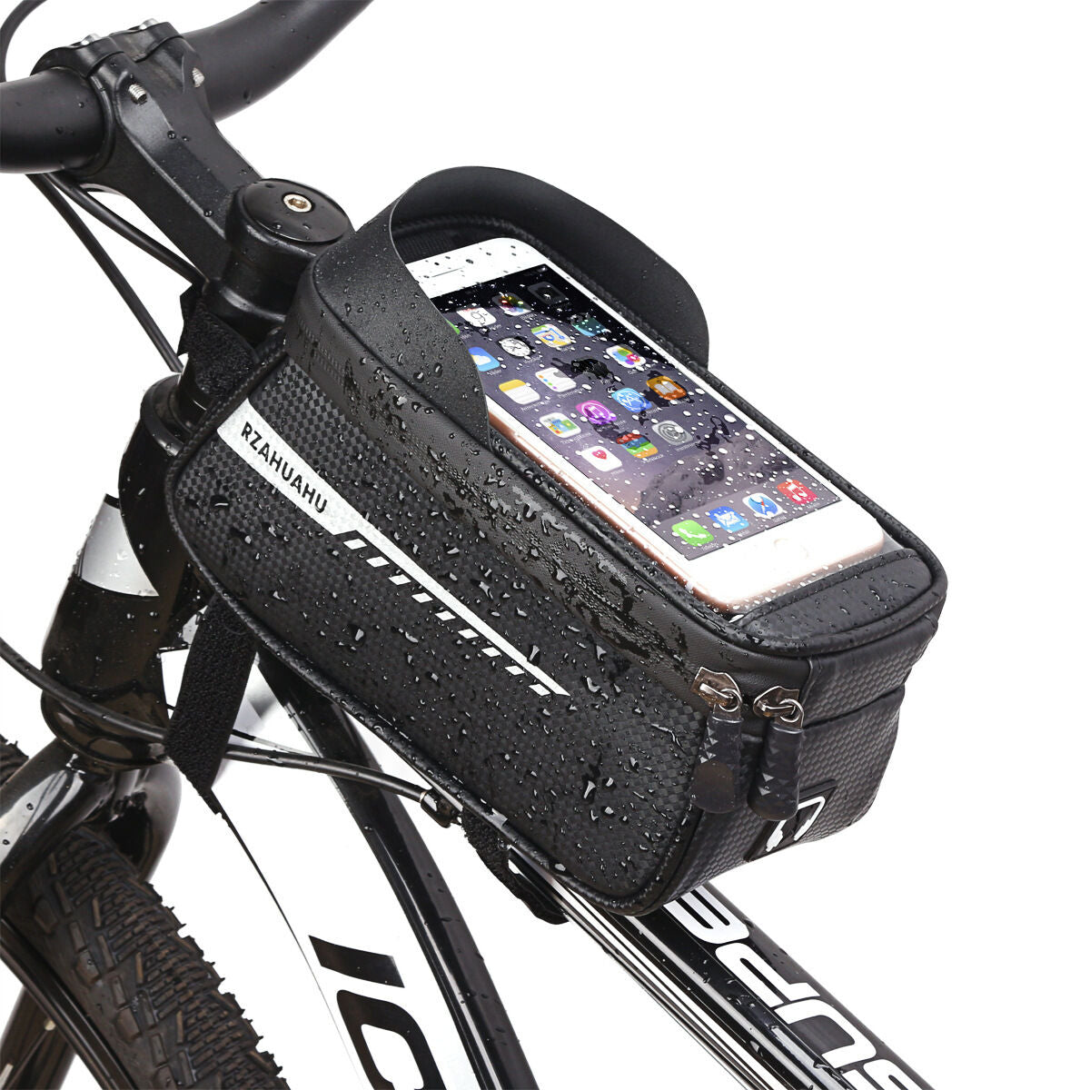 Black Waterproof Bike Frame Bag with Touchscreen & Reflective Details