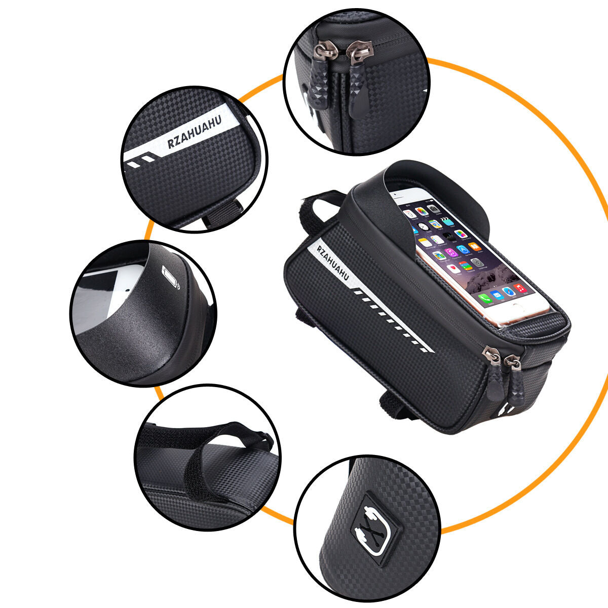 Black Waterproof Bike Frame Bag with Touchscreen & Reflective Details