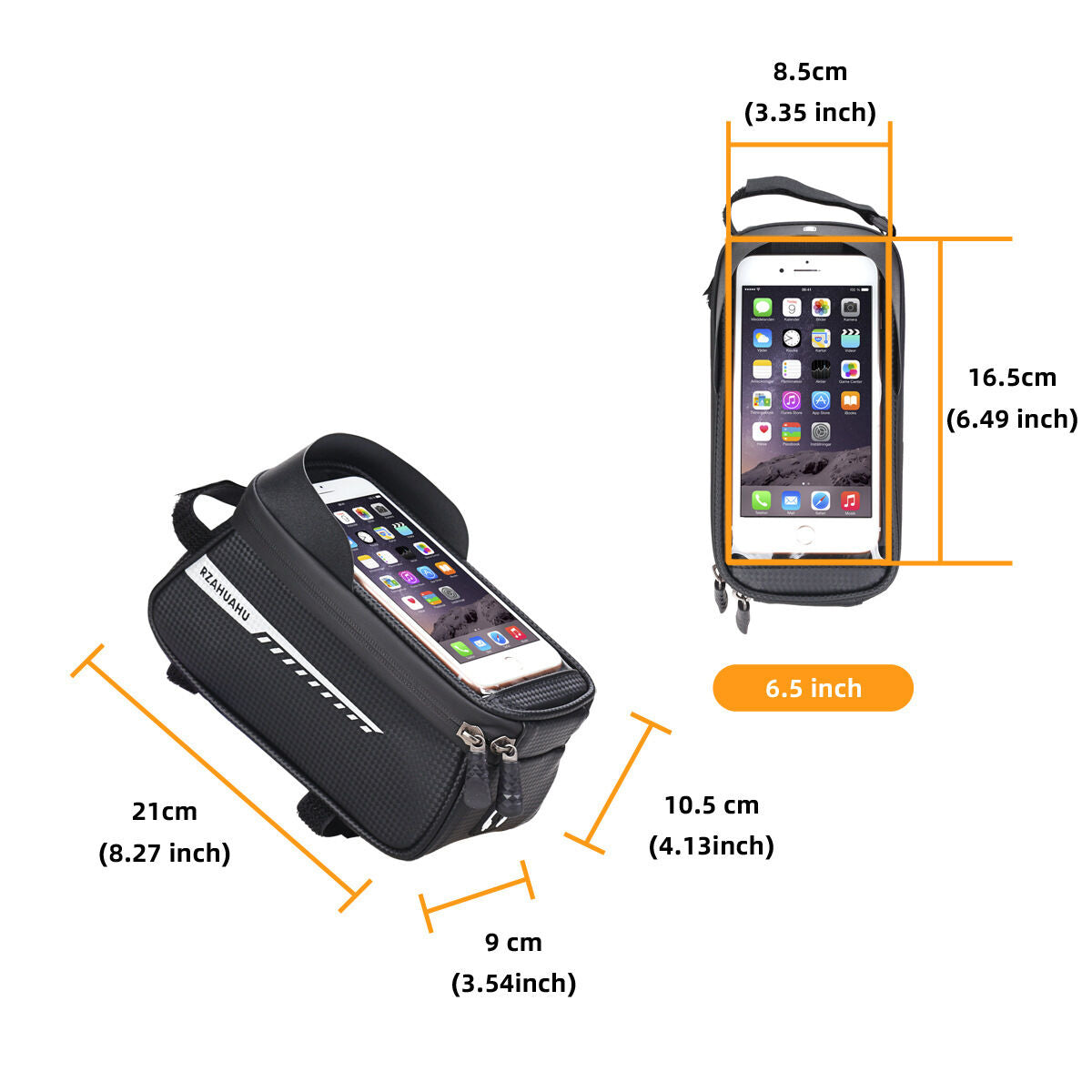 Black Waterproof Bike Frame Bag with Touchscreen & Reflective Details