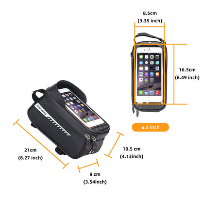Black Waterproof Bike Frame Bag with Touchscreen & Reflective Details