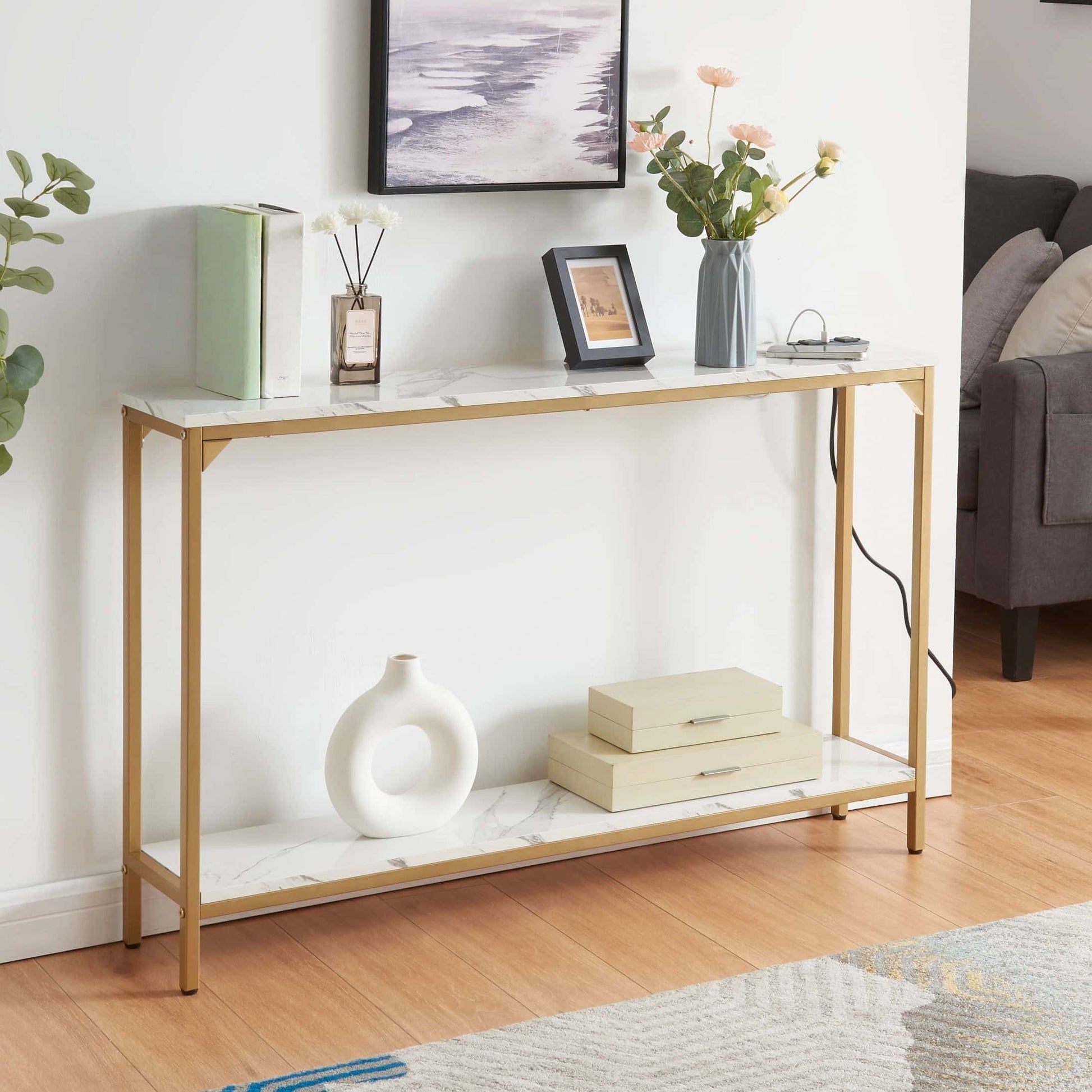 Best 2 Tier Console Table with Power Outlets and USB Ports Wood Entryway Table with Charging Station Storage Shelf Narr