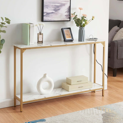 Best 2 Tier Console Table with Power Outlets and USB Ports Wood Entryway Table with Charging Station Storage Shelf Narr