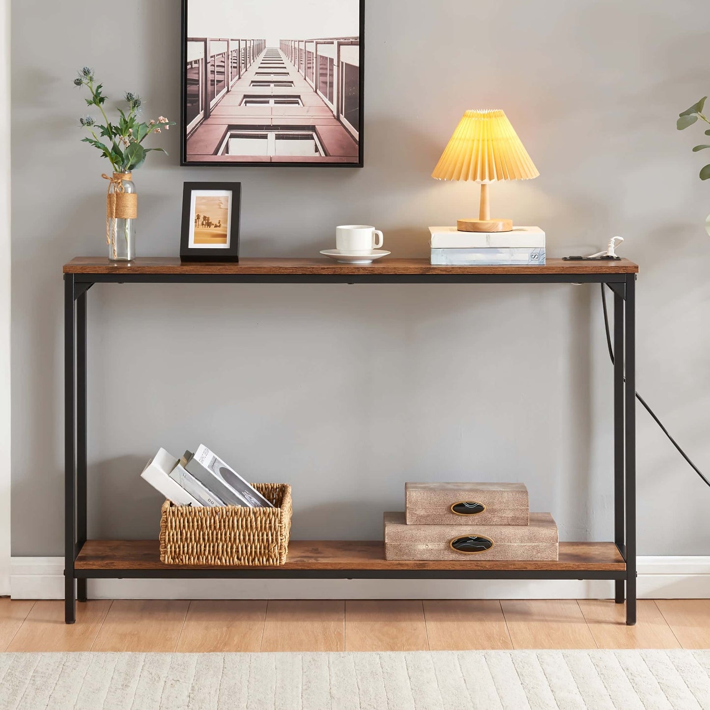 Best 2 Tier Console Table with Power Outlets and USB Ports Wood Entryway Table with Charging Station Storage Shelf Narr