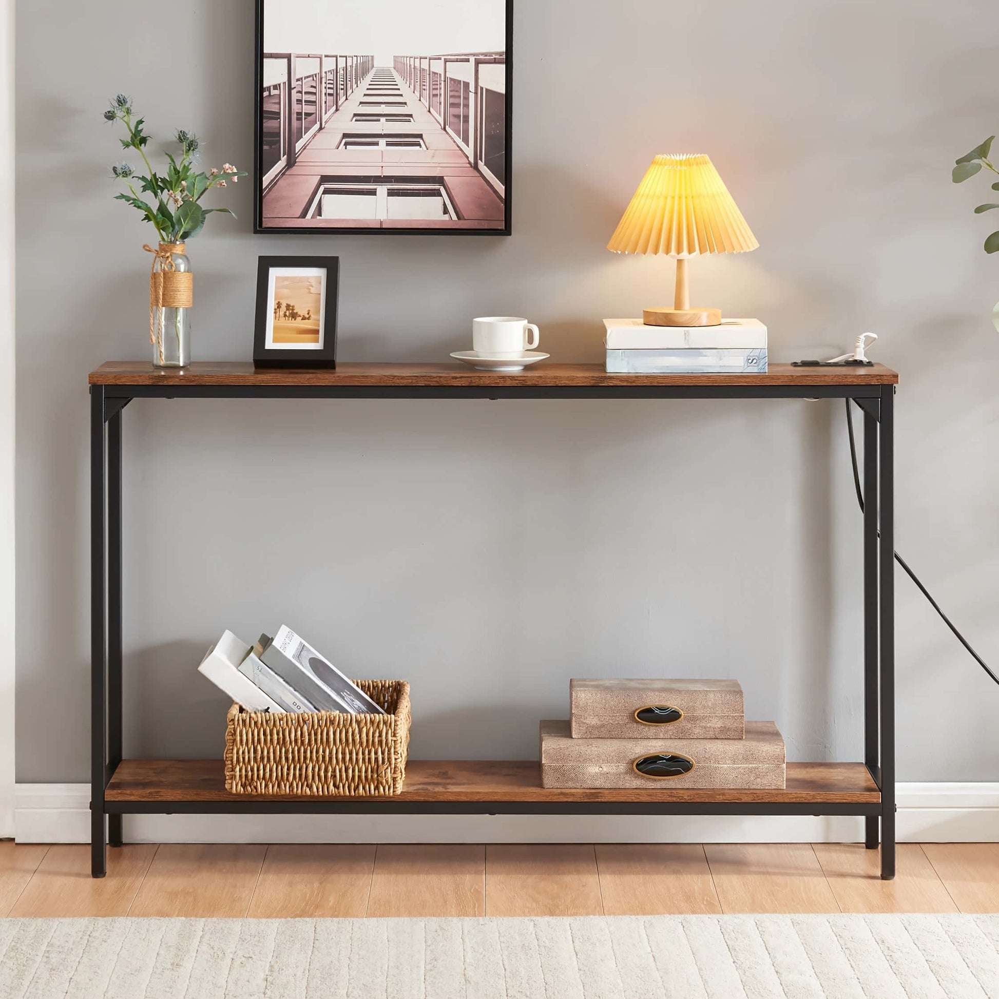 Best 2 Tier Console Table with Power Outlets and USB Ports Wood Entryway Table with Charging Station Storage Shelf Narr