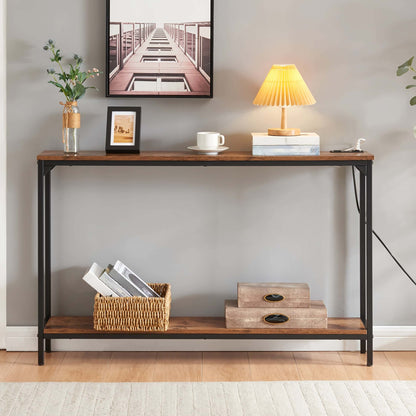 Best 2 Tier Console Table with Power Outlets and USB Ports Wood Entryway Table with Charging Station Storage Shelf Narr