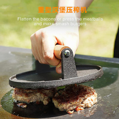 Heavy Duty Pre-Seasoned Cast Iron Hamburger Press with Heat Resistant Handle, Compatible with Griddle