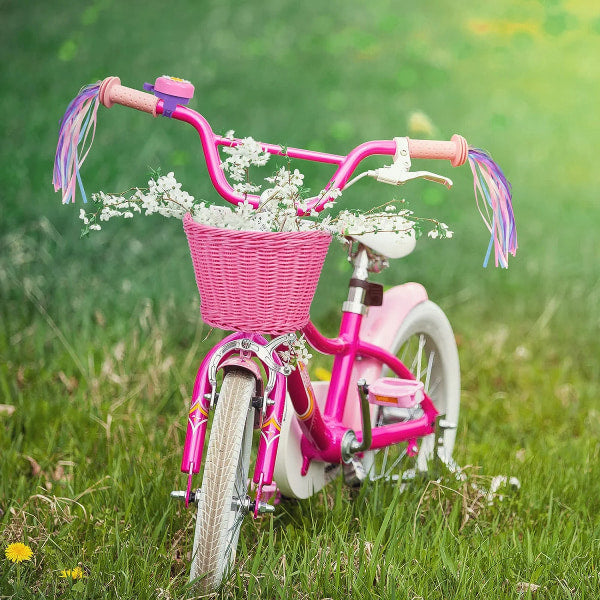 Pink purple children's bicycle basket with adjustable straps at the front