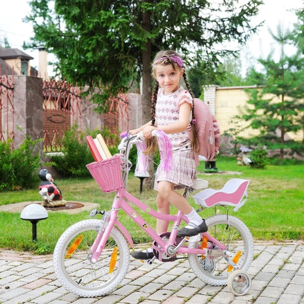 Pink purple children's bicycle basket with adjustable straps at the front