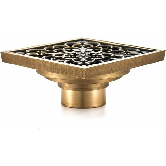 Brass Bathroom Floor Drain - Antique Unique Square Shower Drain Flower Carved For Toilet Garden 10Cm
