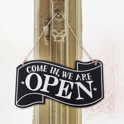 Two-Sided Open And Closed Wooden Sign With ROpe For Hanging Vintage Sign (Black)
