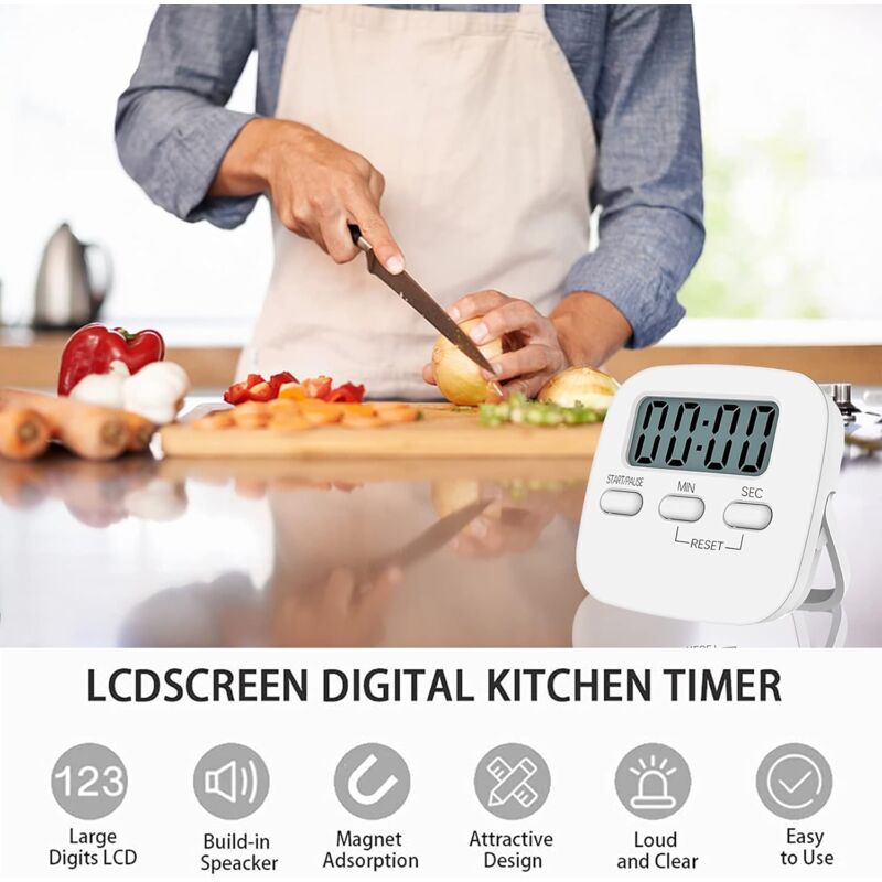 Magnetic Kitchen Timer With Large Lcd Display, With Stopwatch, Loud Alarm And Countdown, White