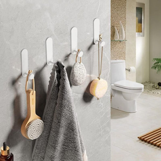 Adhesive Hooks, 4 Pieces Aluminum Bathroom Wall Hooks No Drilling Waterproof Towel Holder, Kitchen Office Towel Hanger