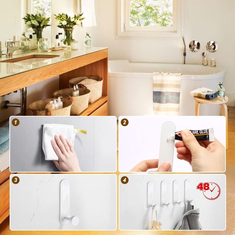 Adhesive Hooks, 4 Pieces Aluminum Bathroom Wall Hooks No Drilling Waterproof Towel Holder, Kitchen Office Towel Hanger
